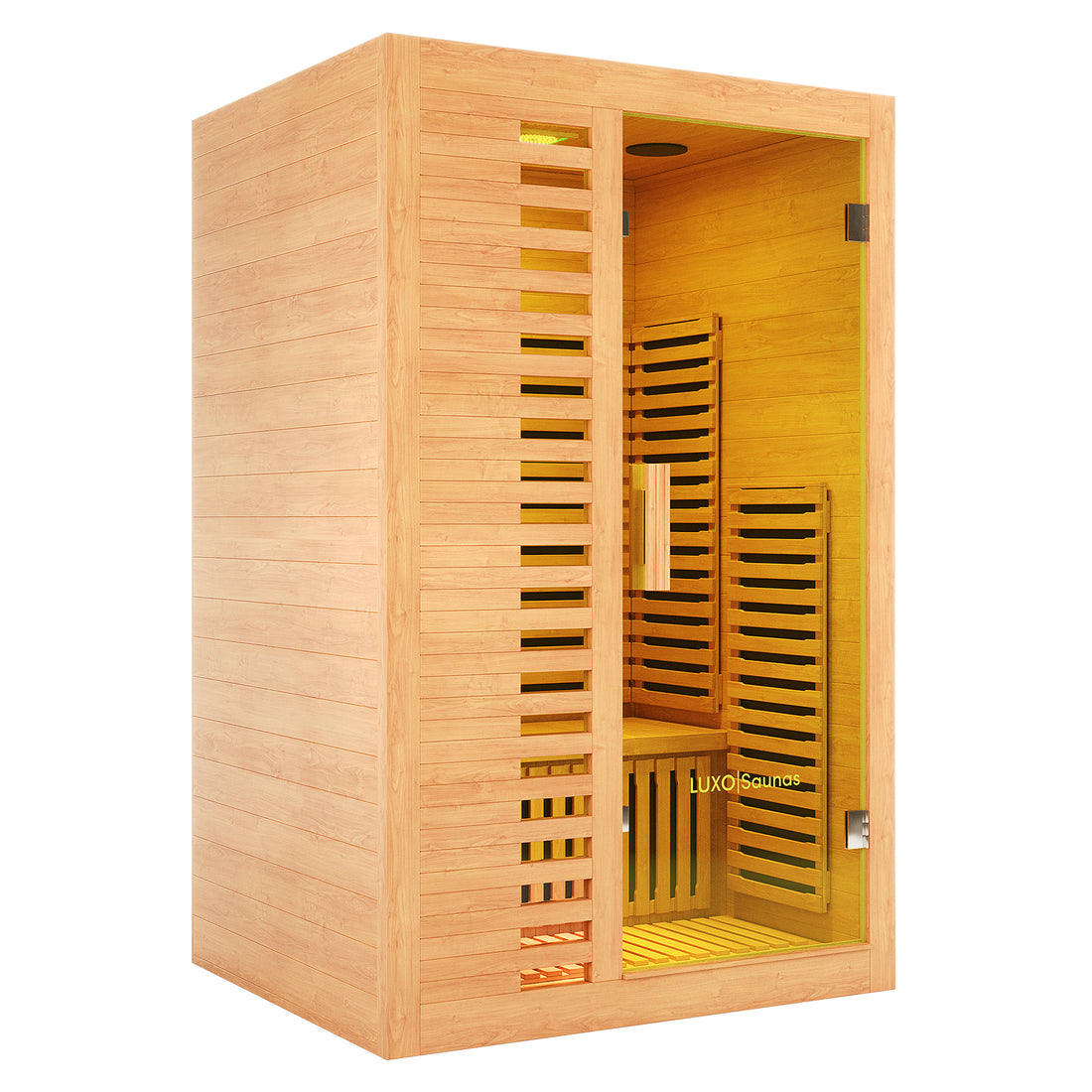 Harlow 2 Person Canadian Hemlock Infrared Home Sauna with glass front door, wooden tongue-and-groove panels, seating for two, and slatted wood walls, ideal for indoor wellness spaces.