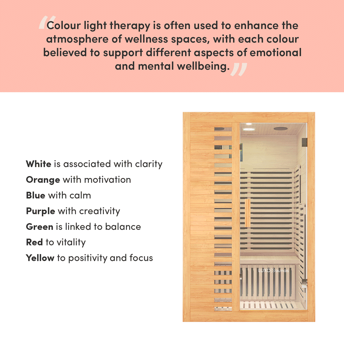Harlow 2 Person Canadian Hemlock Infrared Home Sauna, shown with a wooden finish, features adjustable coloured LED lighting for chromotherapy, highlighting its use in enhancing wellness spaces through colour light therapy.