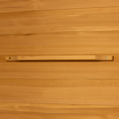 Harlow 2 Person Canadian Hemlock Infrared Home Sauna; wood-paneled walls with a narrow wooden strip secured by screws, reflecting the sauna's natural Canadian Hemlock wood construction.