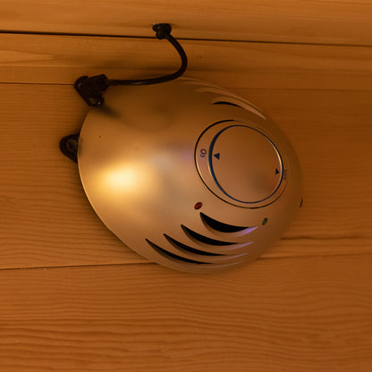 Harlow 2 Person Canadian Hemlock Infrared Home Sauna, wall-mounted with ozone/ion generator, adjustable dial, airflow vents, and LED indicators; designed for a relaxing wellness space at home.