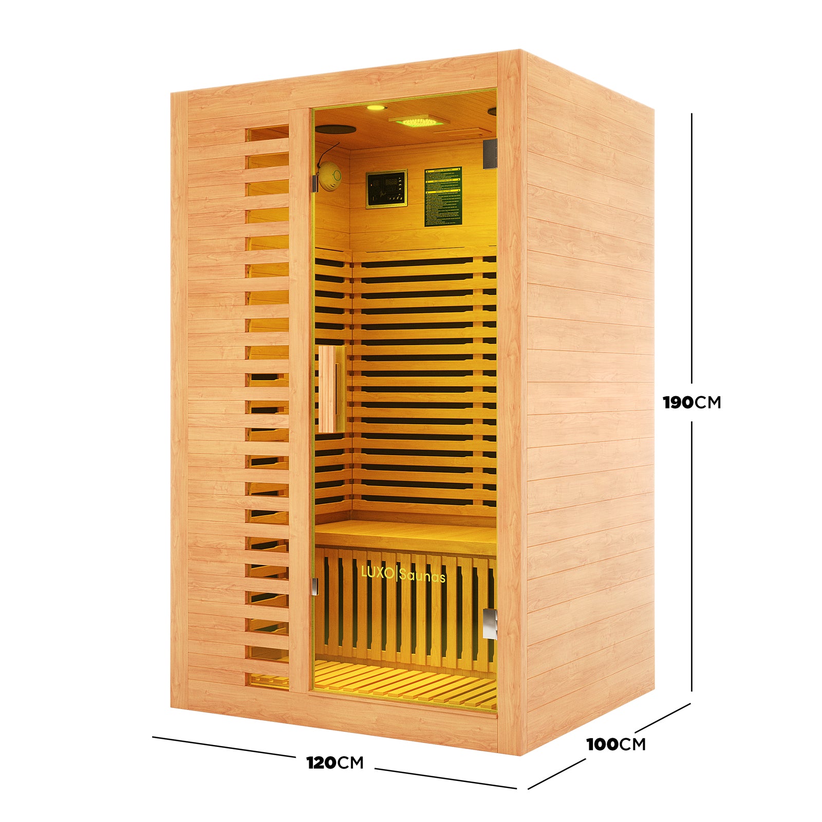 Harlow 2 Person Canadian Hemlock Infrared Home Sauna with slatted wood panels, full-height glass door, built-in bench, infrared heating panels, overhead lighting, and digital control panel for home wellness.