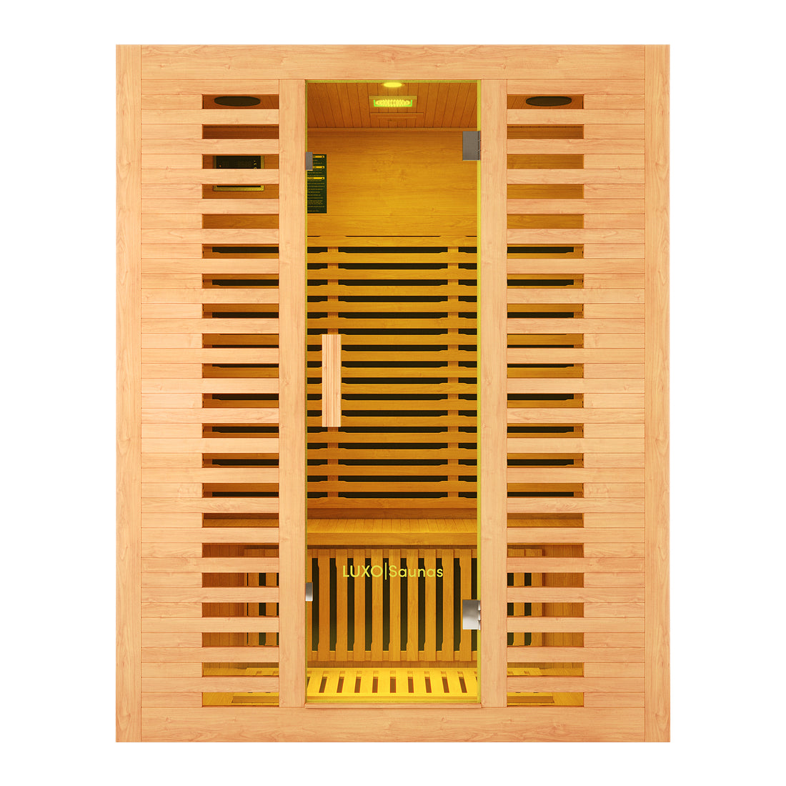 Front View of Luxo Living Harlow 3 Person Canadian Hemlock Infrared Home Sauna sleek Canadian Hemlock wood, clear tempered glass door