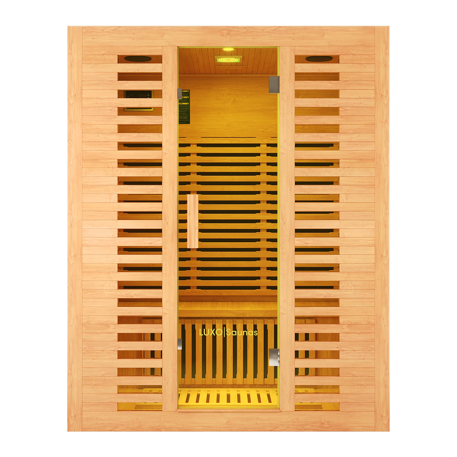 Front View of Luxo Living Harlow 3 Person Canadian Hemlock Infrared Home Sauna sleek Canadian Hemlock wood, clear tempered glass door