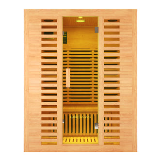 Front View of Luxo Living Harlow 3 Person Canadian Hemlock Infrared Home Sauna sleek Canadian Hemlock wood, clear tempered glass door