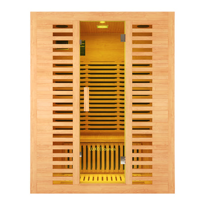 Front View of Luxo Living Harlow 3 Person Canadian Hemlock Infrared Home Sauna sleek Canadian Hemlock wood, clear tempered glass door