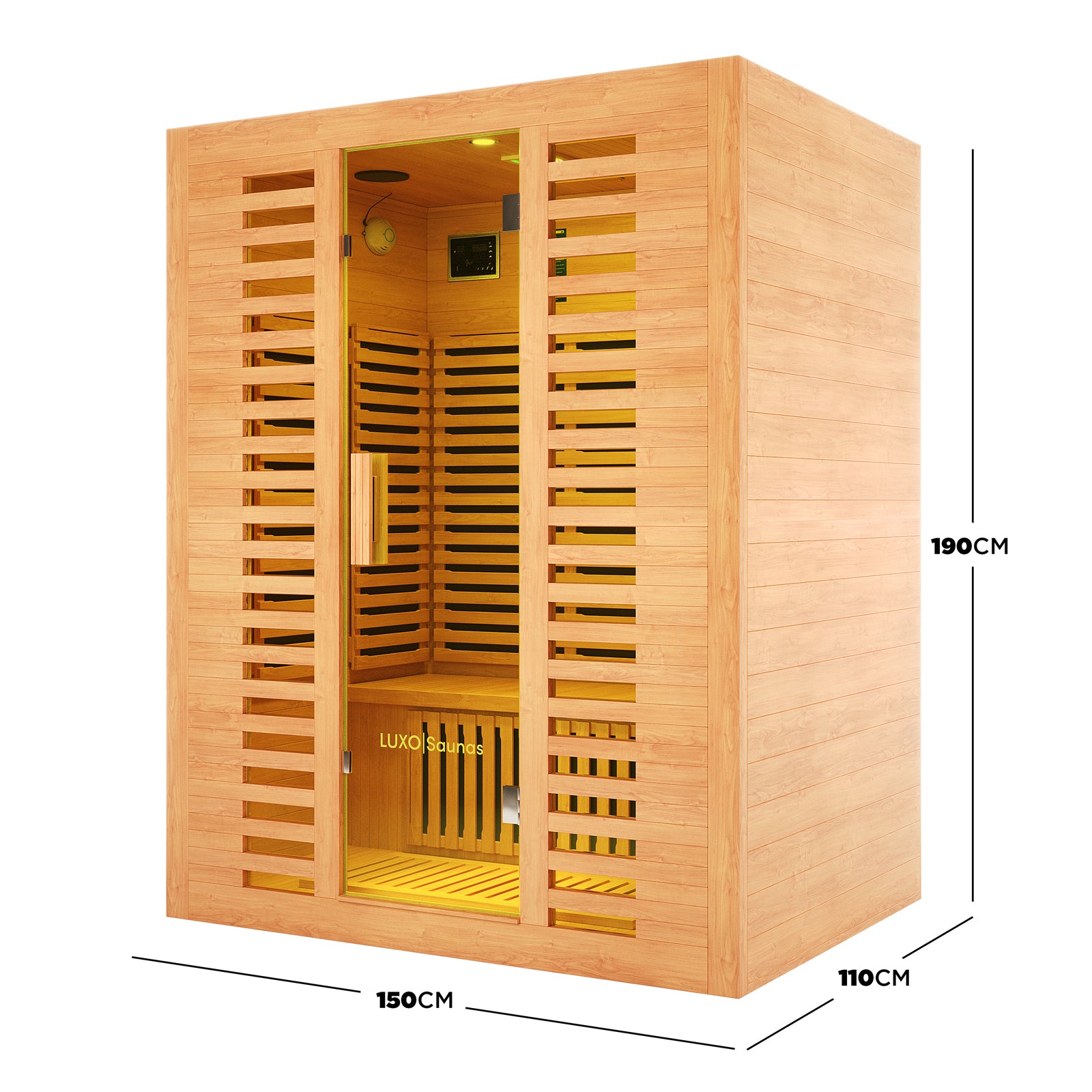 A diagram showing the dimensions of Harlow 3 Person Canadian Hemlock Infrared Home Sauna