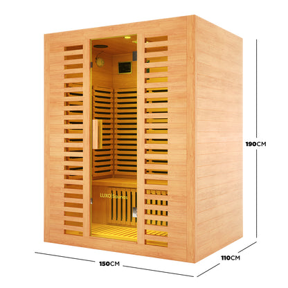 A diagram showing the dimensions of Harlow 3 Person Canadian Hemlock Infrared Home Sauna