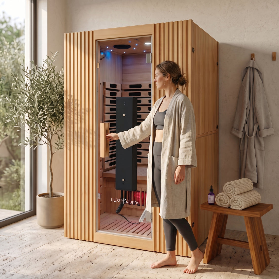 Wooden infrared sauna with vertical slat exterior, glass door open showing red heating panels and blue interior lighting