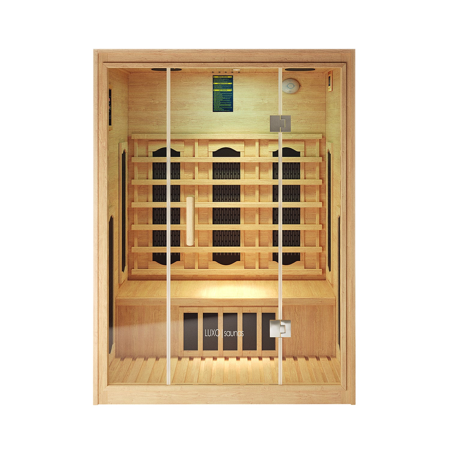 Helle 2 Person Hybrid Infrared Indoor Home Sauna features a light wood cabin, glass front door, interior bench, dark infrared panels, and a control panel, branded LUXO saunas on the front.