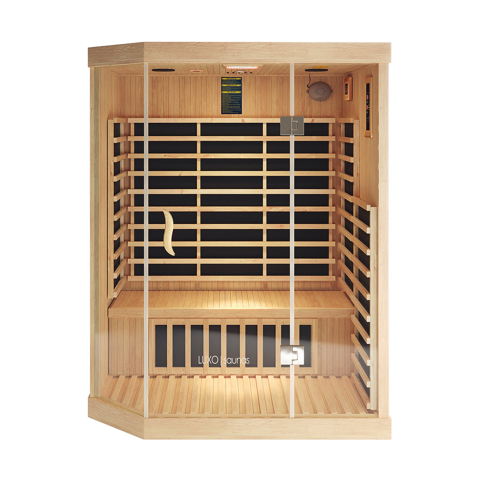 Helle 3-Person Carbon Fibre Infrared Indoor Home Sauna with wooden slatted walls, bench seating, infrared heating panels, and a glass-front door, designed for relaxation and pain management.