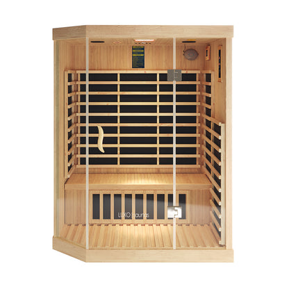 Helle 3-Person Carbon Fibre Infrared Indoor Home Sauna with wooden slatted walls, bench seating, infrared heating panels, and a glass-front door, designed for relaxation and pain management.