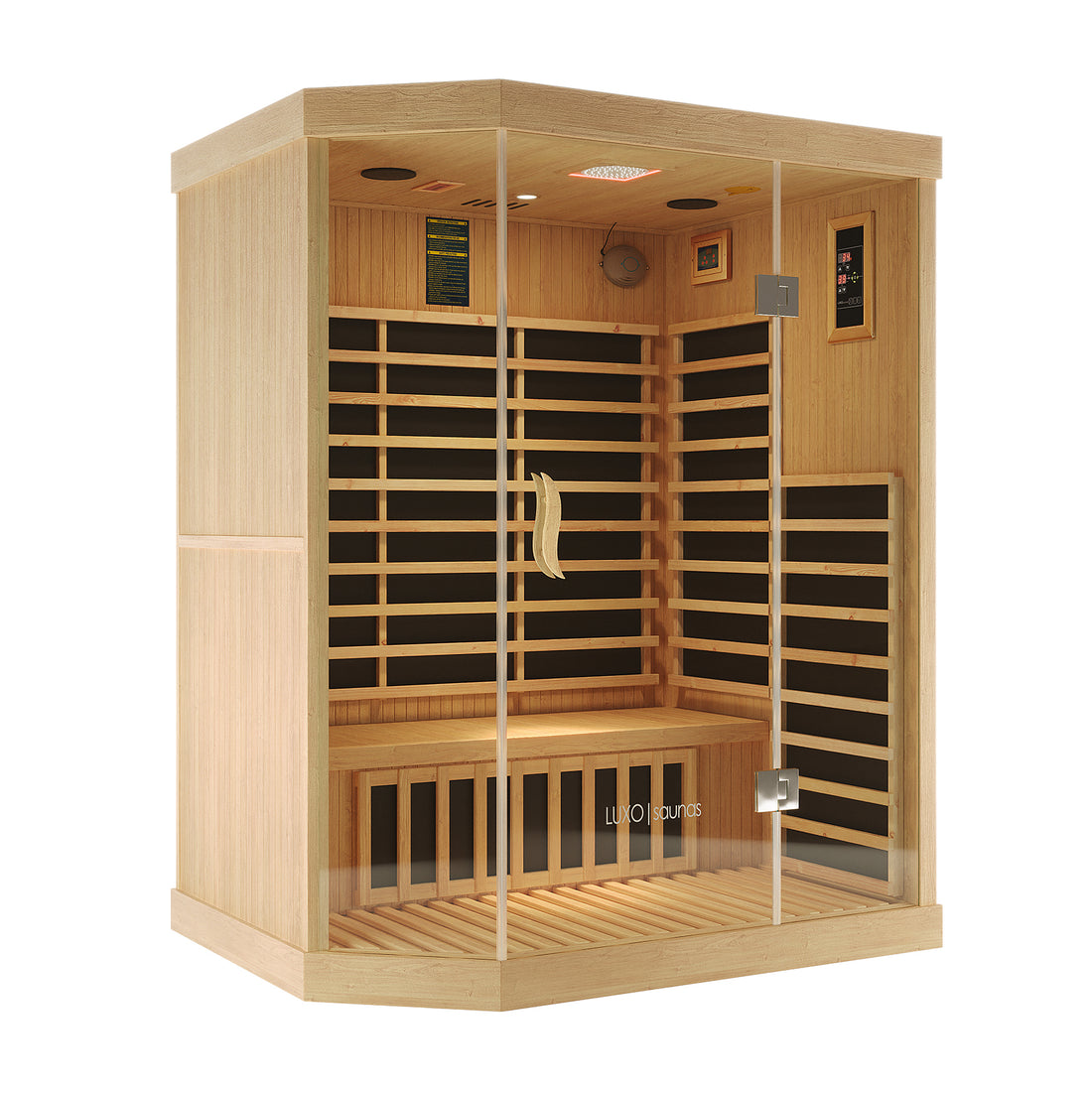 Helle 3 Person Carbon Fibre Infrared Indoor Home Sauna featuring light-toned wood, full-height glass doors, interior benches, slatted back panels, and a digital control panel for personalized heat therapy.