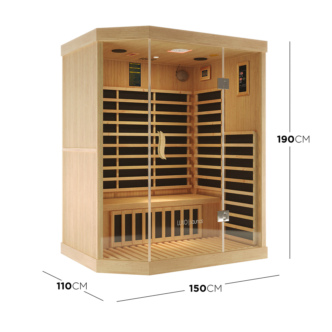 Helle 3 Person Carbon Fibre Infrared Indoor Home Sauna, light-toned wood, glass-front door, side panels, wooden slats, infrared heating panels, digital control, overhead light, fits three people comfortably.