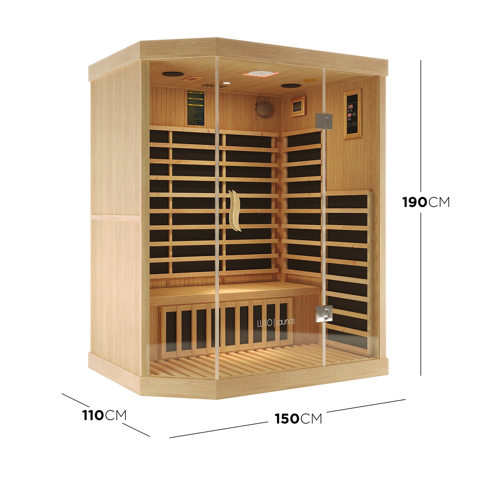 Helle 3 Person Carbon Fibre Infrared Indoor Home Sauna, light-toned wood, glass-front door, side panels, wooden slats, infrared heating panels, digital control, overhead light, fits three people comfortably.