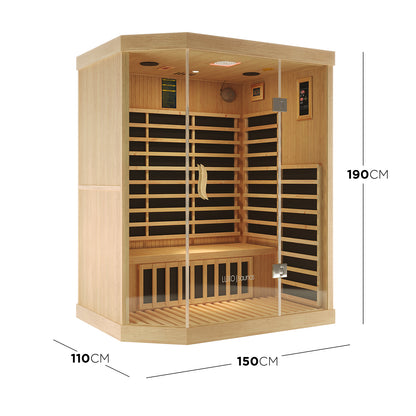 Helle 3 Person Carbon Fibre Infrared Indoor Home Sauna, light-toned wood, glass-front door, side panels, wooden slats, infrared heating panels, digital control, overhead light, fits three people comfortably.