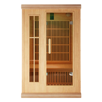 Hirsi 2 Person Carbon Fibre Infrared Indoor Home Sauna by Luxo Saunas, featuring light-toned wood, glass door and window, interior bench, and slatted panels for infrared heating. Perfect for home relaxation and detoxification.