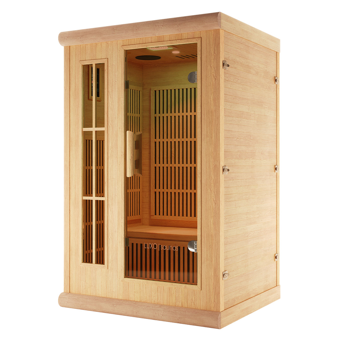 Hirsi 2 Person Carbon Fibre Infrared Indoor Home Sauna: A compact, light-colored wooden cabin with a glass door, interior slatted benches, and visible carbon fibre heating panels designed for home relaxation.