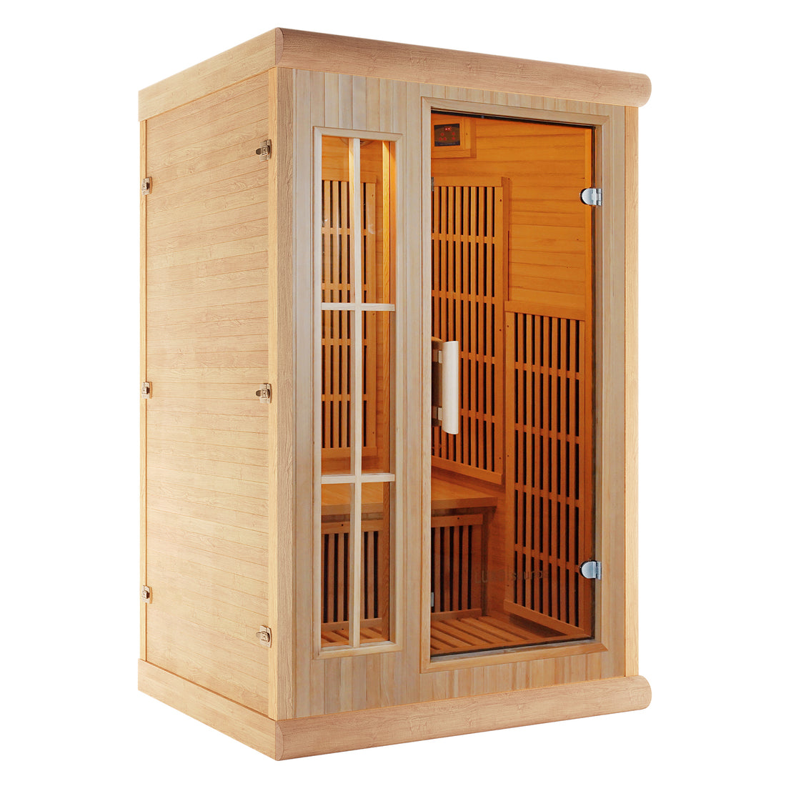 Hirsi 2 Person Carbon Fibre Infrared Indoor Home Sauna features a light wooden cabin with a glass door and side window, revealing slatted benches and vertical heating panels inside.