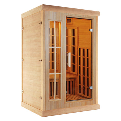 Hirsi 2 Person Carbon Fibre Infrared Indoor Home Sauna features a light wooden cabin with a glass door and side window, revealing slatted benches and vertical heating panels inside.