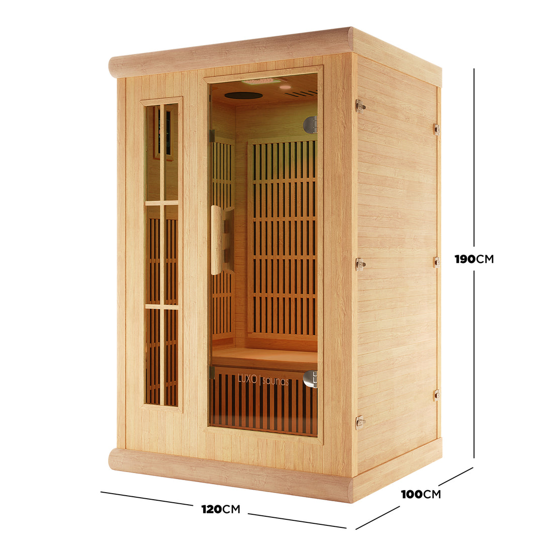 Hirsi 2 Person Carbon Fibre Infrared Indoor Home Sauna, a compact wooden cabin with glass door and side window, features an interior bench for two, and external dimensions of 120cm x 100cm x 190cm.