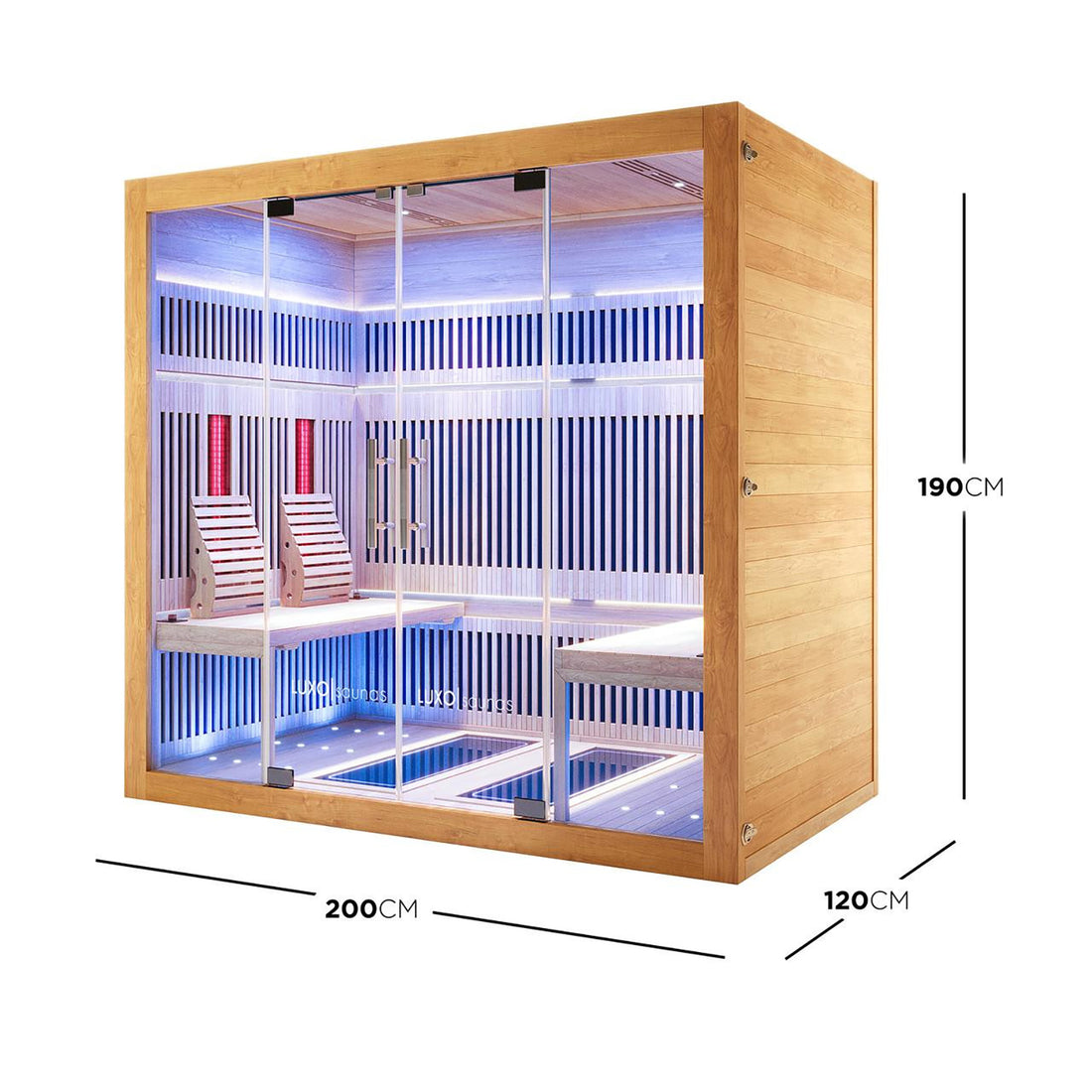 Hoito 4-Person Full Spectrum Infrared Sauna with Glass Floor Heaters, featuring a full-glass front, ergonomic backrests, interior LED lighting, and multiple infrared heating panels for a luxurious home spa experience.