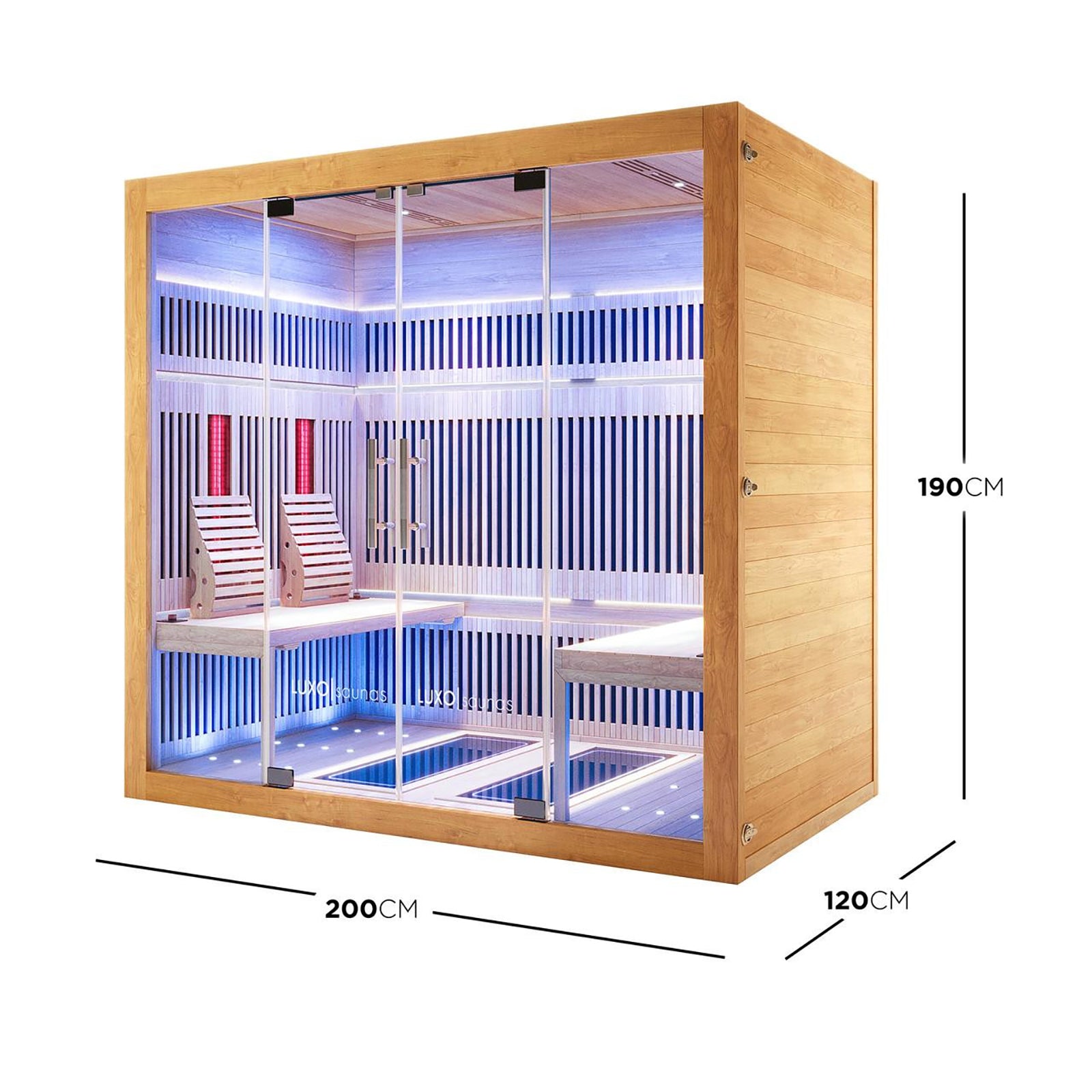 Hoito 4-Person Full Spectrum Infrared Sauna with Glass Floor Heaters, featuring a full-glass front, ergonomic backrests, interior LED lighting, and multiple infrared heating panels for a luxurious home spa experience.