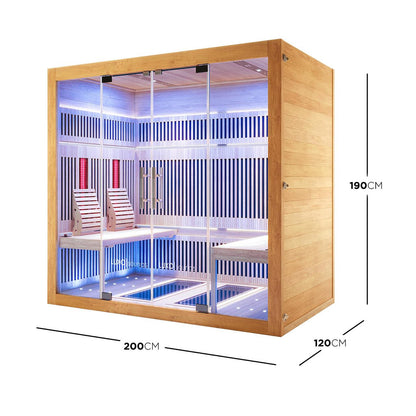 Hoito 4-Person Full Spectrum Infrared Sauna with Glass Floor Heaters, featuring a full-glass front, ergonomic backrests, interior LED lighting, and multiple infrared heating panels for a luxurious home spa experience.