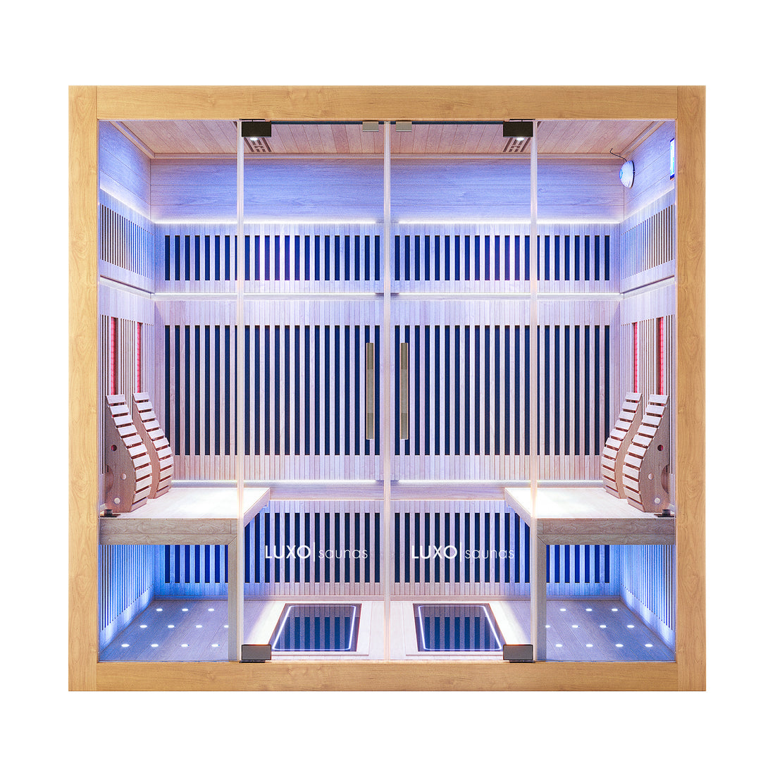 Hoito 4-Person Full Spectrum Infrared Sauna with Floor Heaters features light wood slats, glass doors, infrared panels, bench seating, curved backrests, and blue LED lighting, offering a modern spa experience.