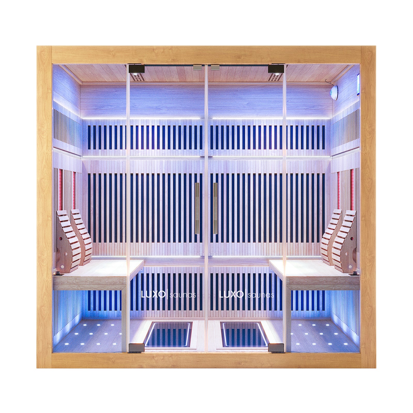 Hoito 4-Person Full Spectrum Infrared Sauna with Floor Heaters features light wood slats, glass doors, infrared panels, bench seating, curved backrests, and blue LED lighting, offering a modern spa experience.