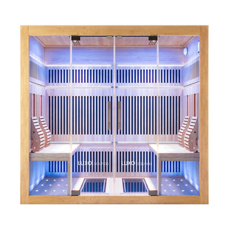 Hoito 4-Person Full Spectrum Infrared Sauna with Floor Heaters features light wood slats, glass doors, infrared panels, bench seating, curved backrests, and blue LED lighting, offering a modern spa experience.