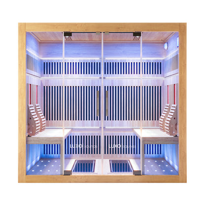 Hoito 4-Person Full Spectrum Infrared Sauna with Floor Heaters features light wood slats, glass doors, infrared panels, bench seating, curved backrests, and blue LED lighting, offering a modern spa experience.