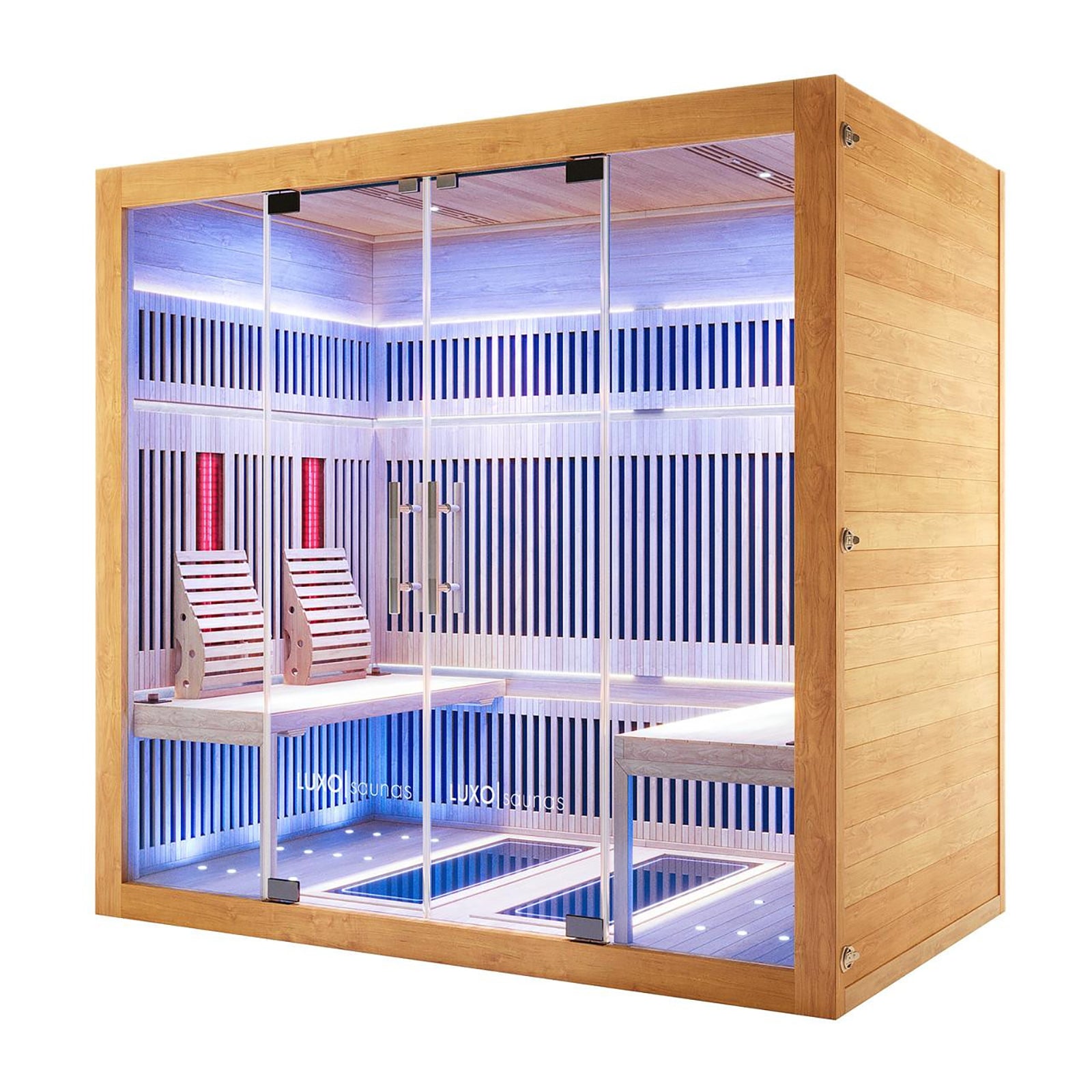 Hoito 4-Person Full Spectrum Infrared Sauna with Glass Floor Heaters features light-toned wood, full-glass front, ergonomic benches, red-glow infrared panels, and LED lighting, offering a modern spa experience.