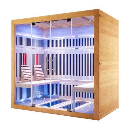 Hoito 4-Person Full Spectrum Infrared Sauna with Glass Floor Heaters features light-toned wood, full-glass front, ergonomic benches, red-glow infrared panels, and LED lighting, offering a modern spa experience.