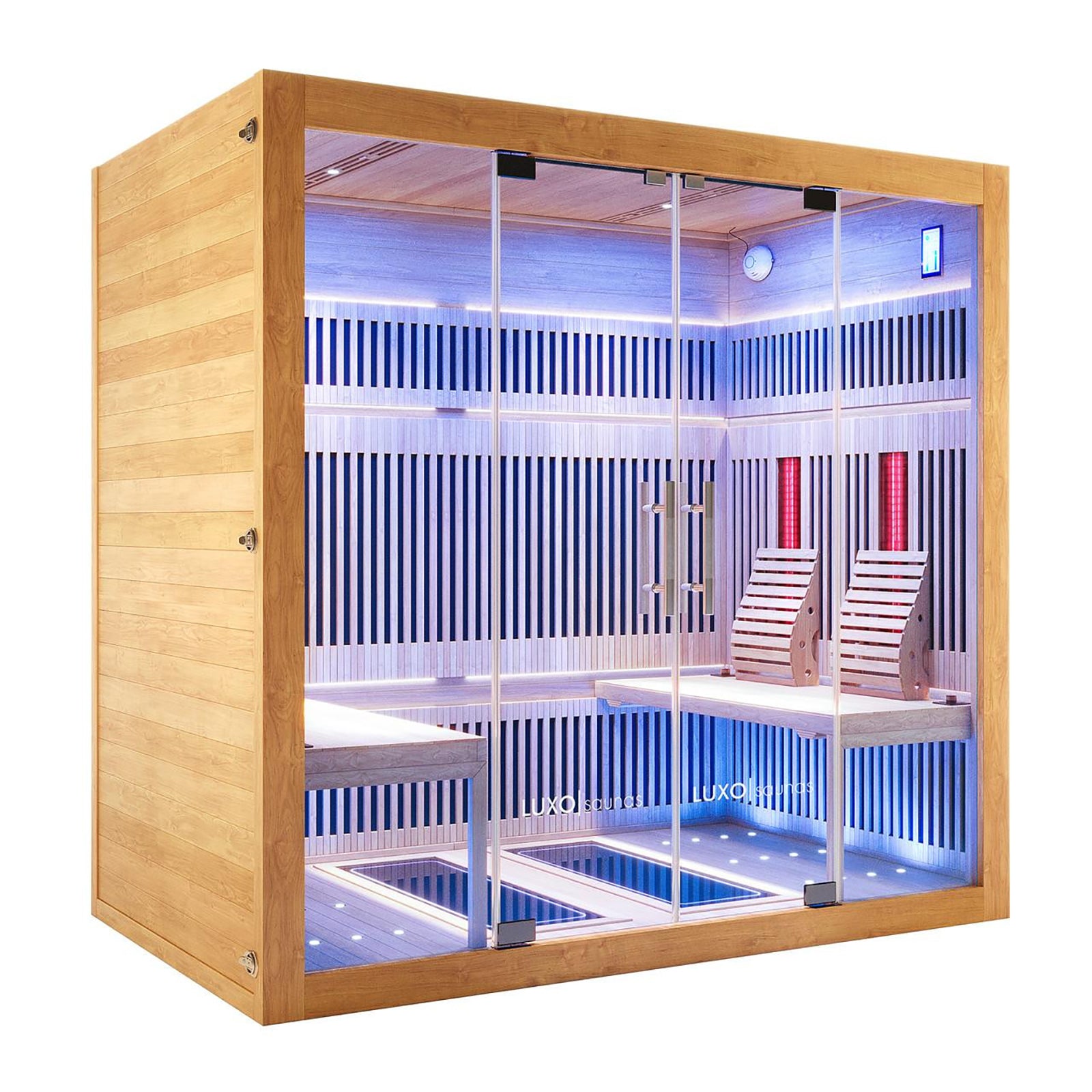 Hoito 4-Person Full Spectrum Infrared Sauna features light-toned wood, full-height glass doors, slatted benches, red-glowing infrared panels, and LED accent lighting, showcasing a modern, luxurious wellness retreat.