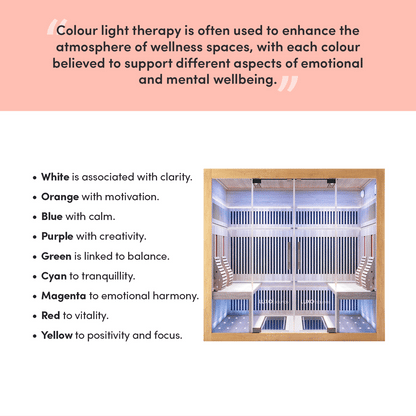 Hoito 4-Person Full Spectrum Infrared Sauna with Glass Floor Heaters, featuring a wooden design, LED mood lighting, and ergonomic seating for four, creating a tranquil, spa-like home experience.