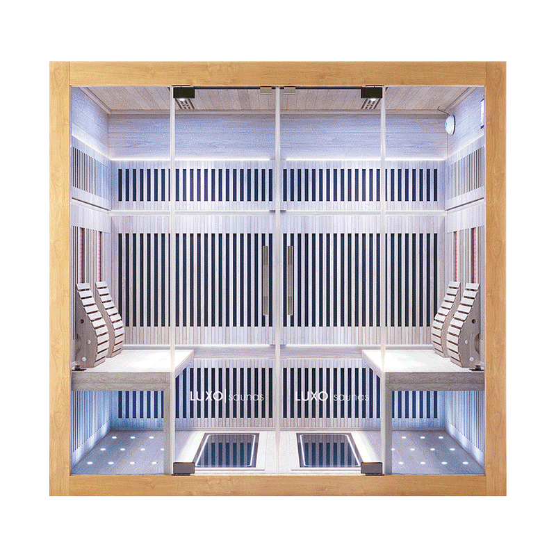 Modern Hoito 4-Person Full Spectrum Infrared Sauna with glass front doors, light wood panels, dual bench seating, infrared heating panels, built-in LED lighting, and LUXO sauna branding visible inside.