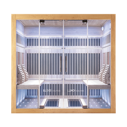 Modern Hoito 4-Person Full Spectrum Infrared Sauna with glass front doors, light wood panels, dual bench seating, infrared heating panels, built-in LED lighting, and LUXO sauna branding visible inside.