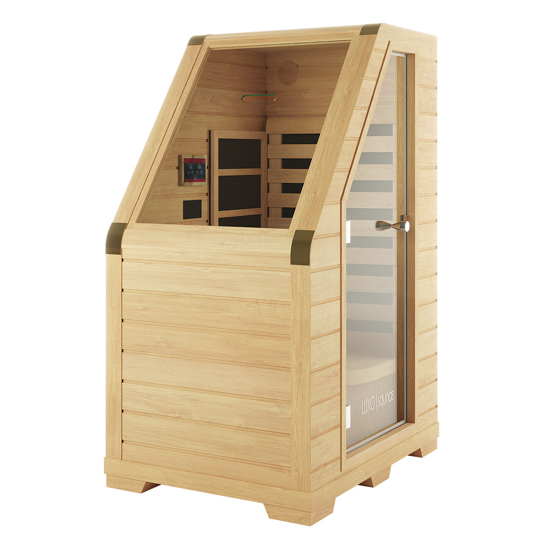 Jarli 1 Person Portable Compact Infrared Indoor Home Sauna featuring a freestanding wooden cabin with a glass door, interior bench, and digital control panel for a spa-like experience at home.