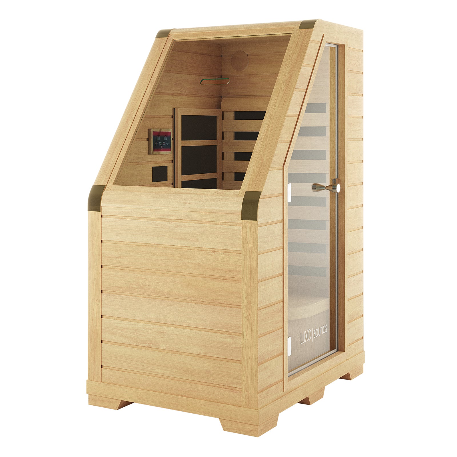 Jarli 1 Person Portable Compact Infrared Indoor Home Sauna featuring a freestanding wooden cabin with a glass door, interior bench, and digital control panel for a spa-like experience at home.