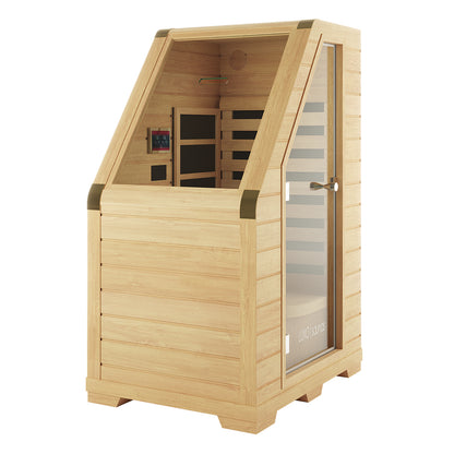 Jarli 1 Person Portable Compact Infrared Indoor Home Sauna featuring a freestanding wooden cabin with a glass door, interior bench, and digital control panel for a spa-like experience at home.