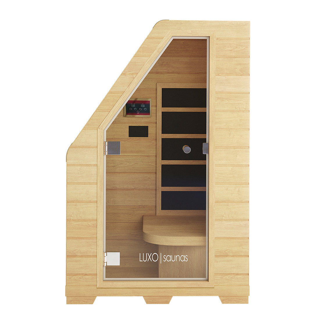 Jarli 1 Person Portable Compact Infrared Indoor Home Sauna: A light wood-panelled sauna with a glass door, built-in bench, radiant panels, and digital control, branded LUXO | saunas on the glass.