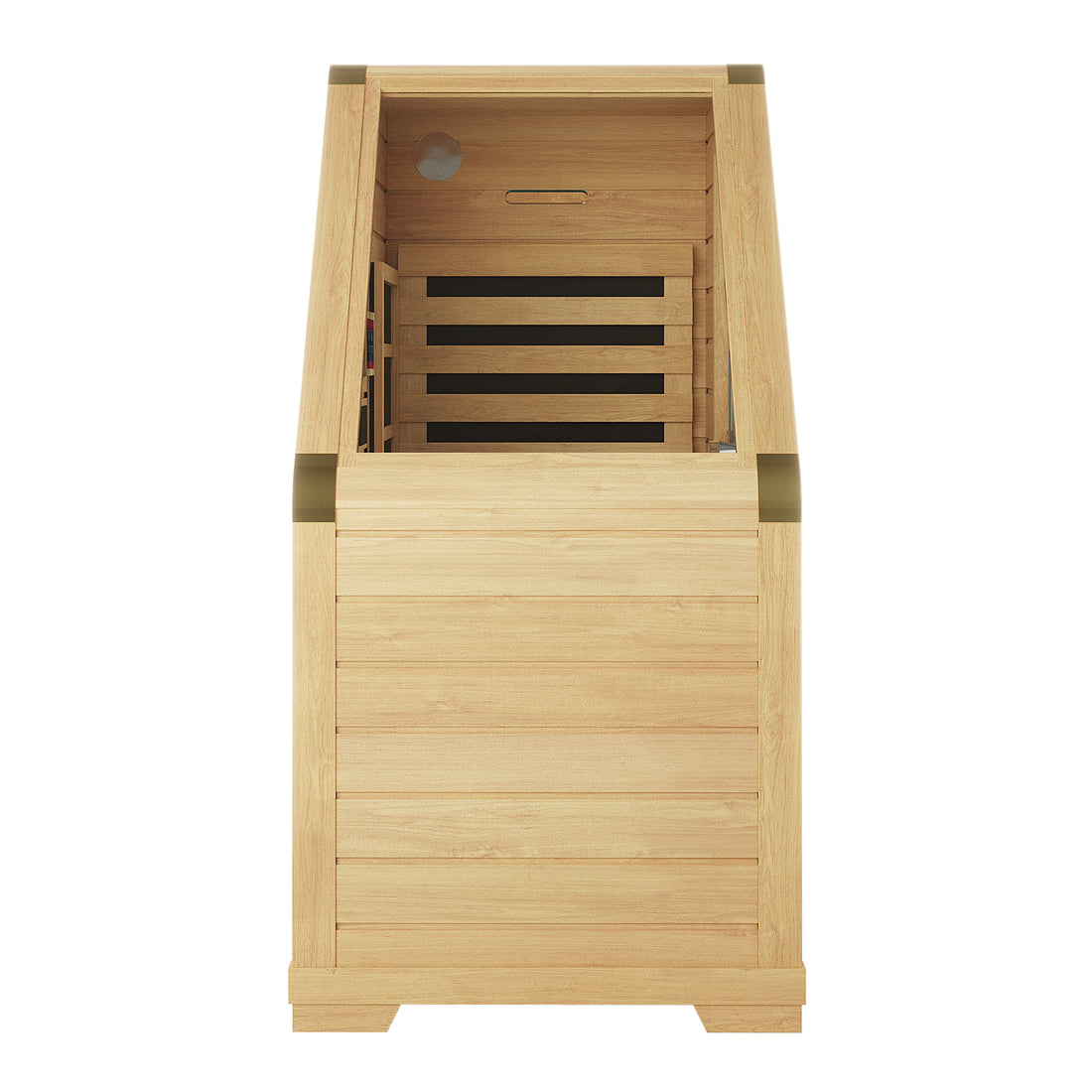 Jarli 1 Person Portable Compact Infrared Indoor Home Sauna; a small wooden cabin for one with slatted seating and visible infrared heater panels, designed for home wellness in tight spaces.