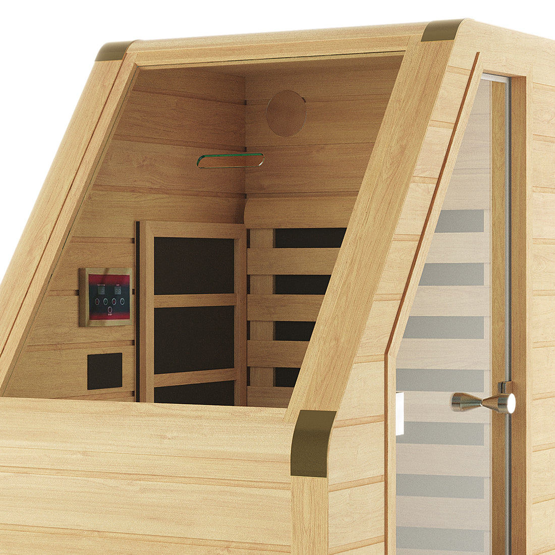 Jarli 1 Person Portable Compact Infrared Indoor Home Sauna with light-wood cabin, glass-front door, visible bench slats, digital control panel, and angled wood framing for a sleek, space-efficient design.