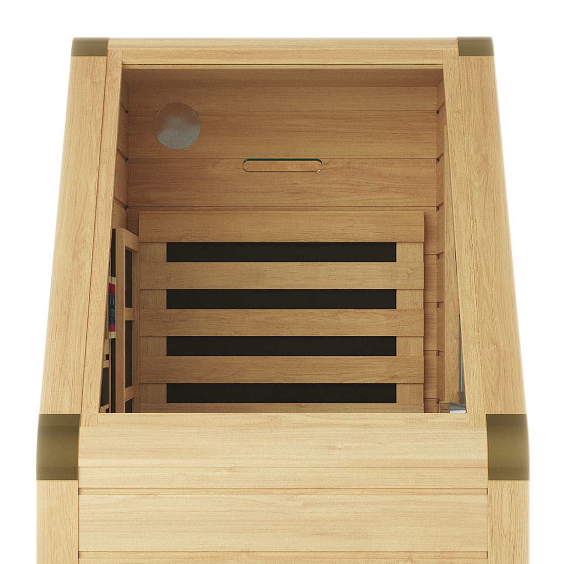 Jarli 1 Person Portable Compact Infrared Indoor Home Sauna showing an empty interior of light-colored wood slats, metal-reinforced corners, circular vent, and narrow slot, emphasizing its compact, durable design.