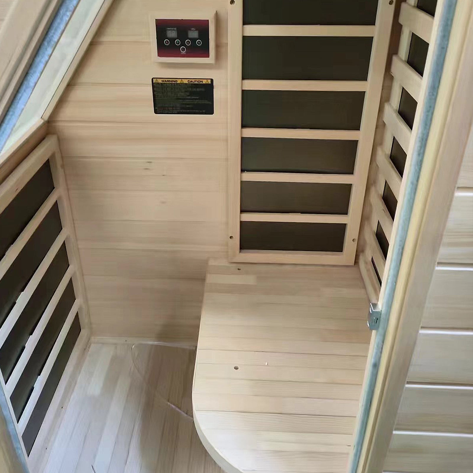 Jarli 1 Person Portable Compact Infrared Indoor Home Sauna with natural wood paneling, slatted guards over infrared panels, digital control module, and a built-in bench for single occupancy.