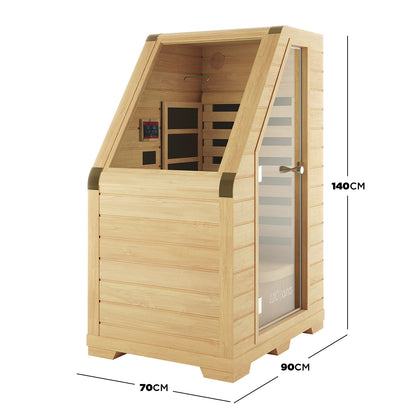 Jarli 1 Person Portable Compact Infrared Indoor Home Sauna with hemlock wood, glass door, and interior control panel; features a space-saving design ideal for small apartments or homes.