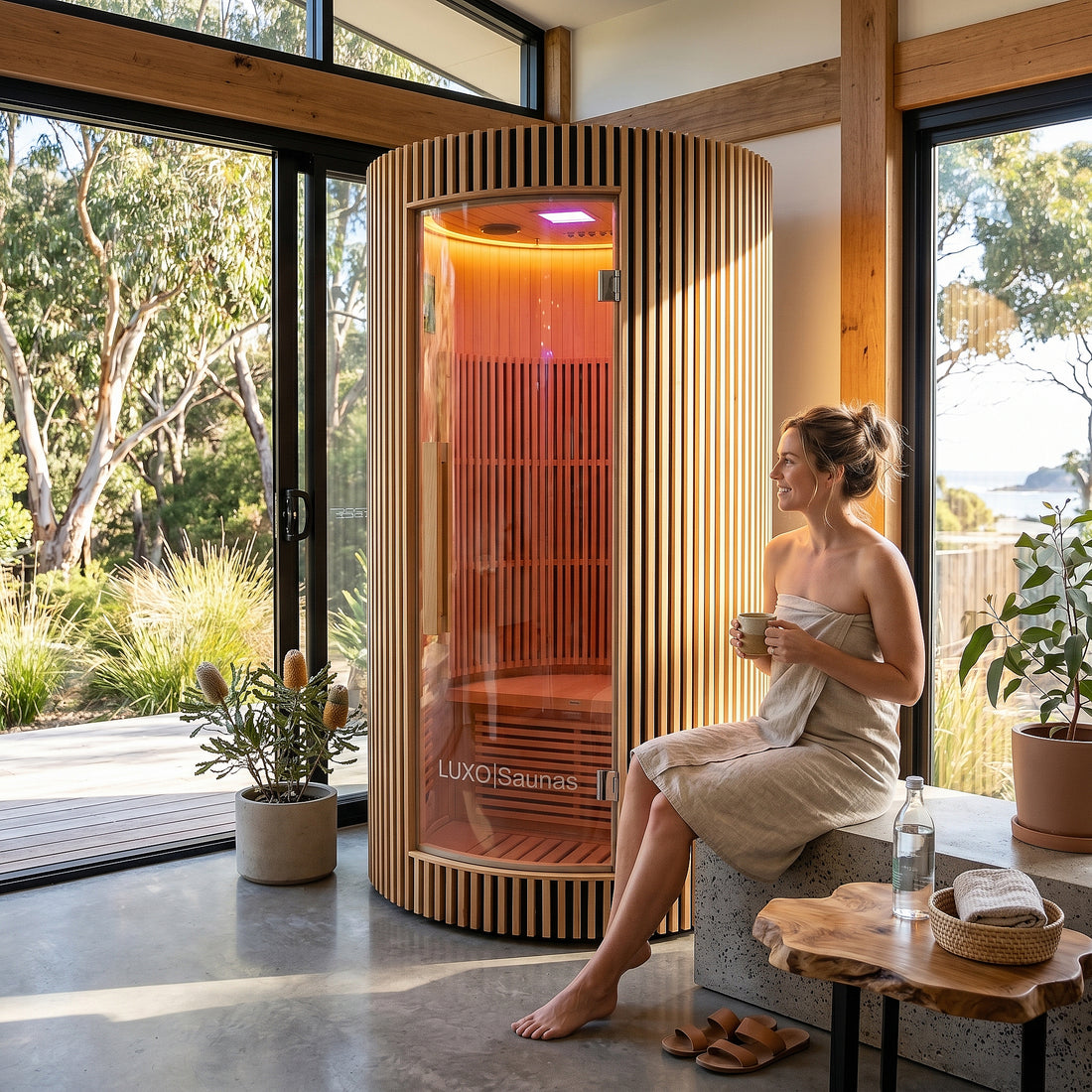 Cylindrical infrared sauna with vertical timber slat exterior, curved glass door, and interior LED lighting