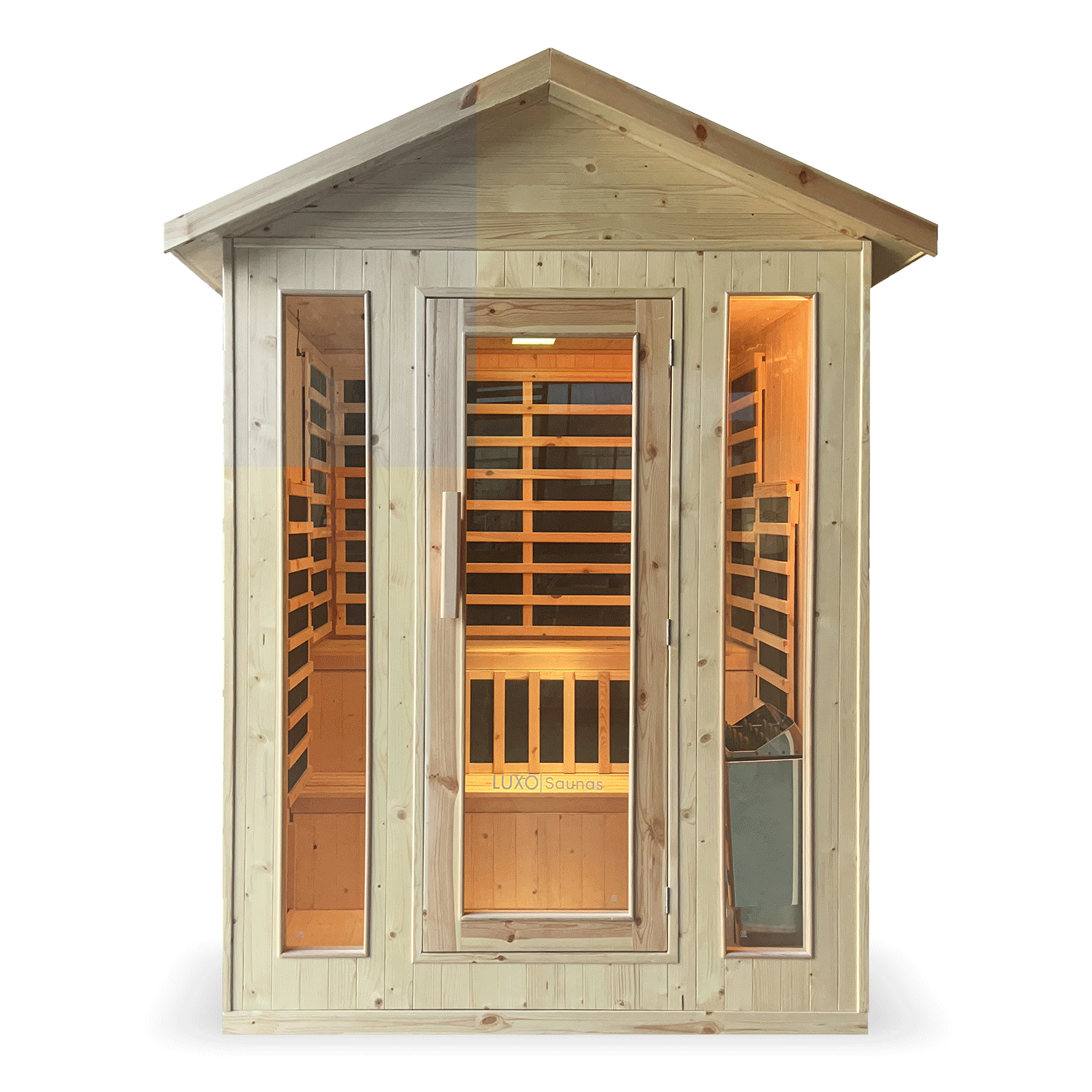 Kiima 3-Person Hybrid Infrared & Finnish Outdoor Sauna in Natural features a wooden cabin with a glass door, two narrow windows, interior benches, and infrared heater panels for versatile relaxation.
