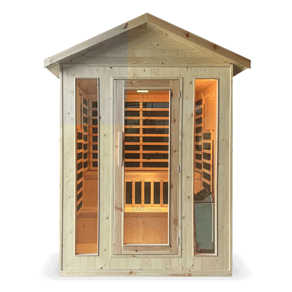 Kiima 3-Person Hybrid Infrared & Finnish Outdoor Sauna in Natural features a wooden cabin with a glass door, two narrow windows, interior benches, and infrared heater panels for versatile relaxation.
