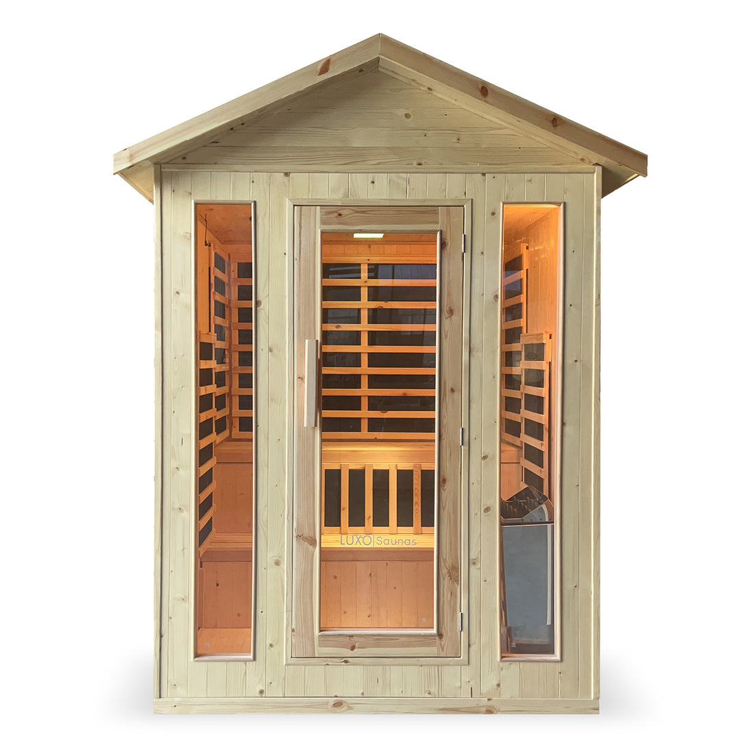 Kiima 3 Person Hybrid Finnish Outdoor Sauna in Natural, showcasing a wooden infrared sauna cabin with a glass door, narrow windows, interior bench seating, and slatted wood concealing infrared heaters.